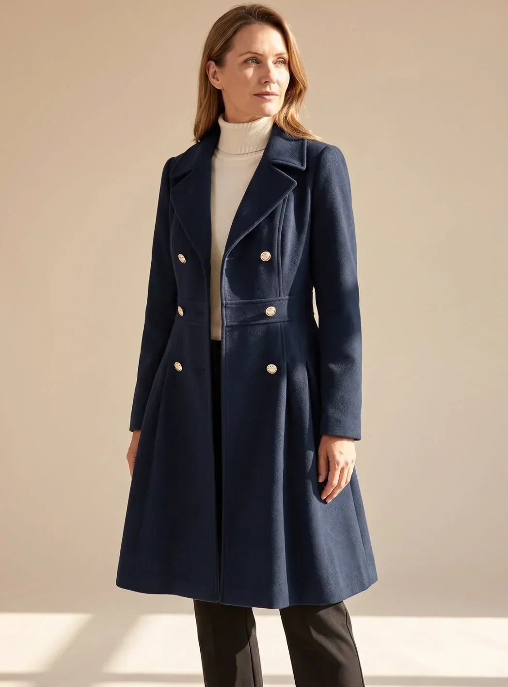 Theodora - Women's Double-Breasted A-Line Coat with Notch Lapels