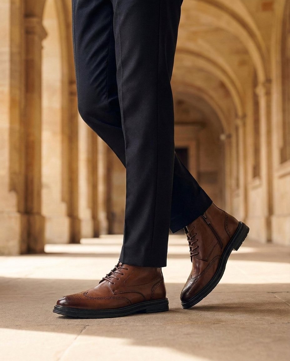 Leather Brogue Boots with Perforated Upper