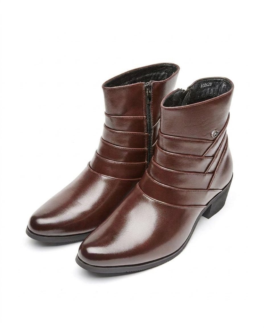 Burnished Leather Ankle Boots with Side Zipper