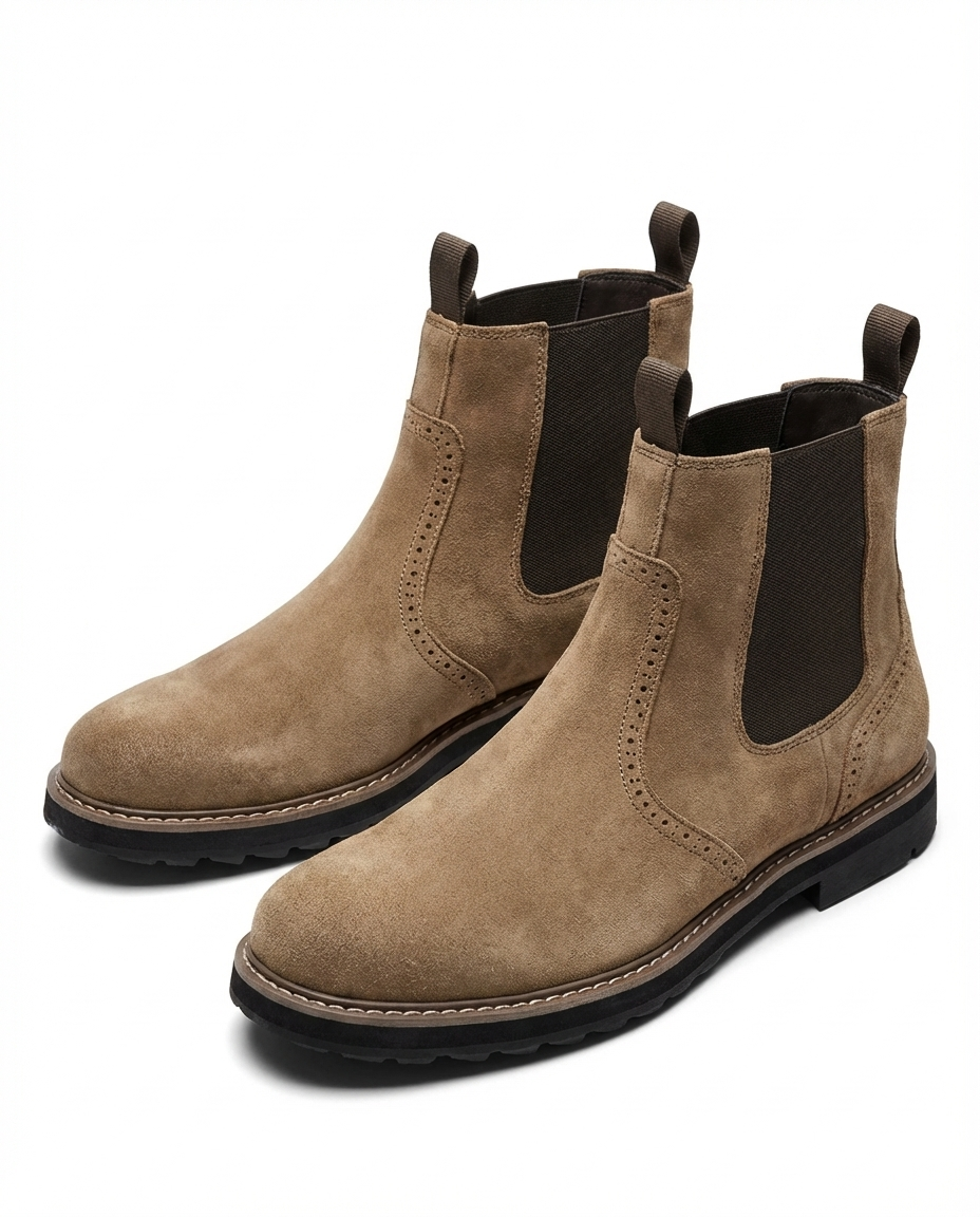 Suede Leather Chelsea Boots with Brogue Detailing