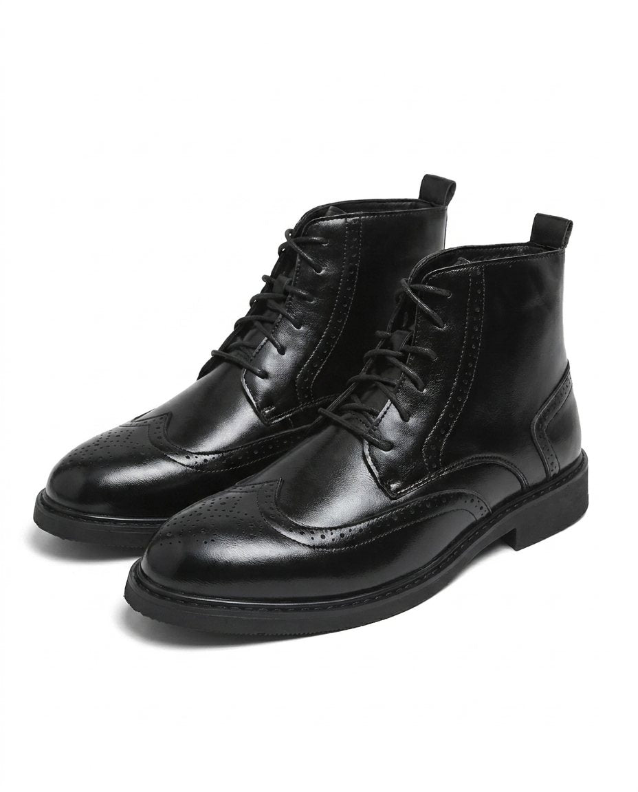 Polished Leather Brogue Boots with Lace-Up Closure