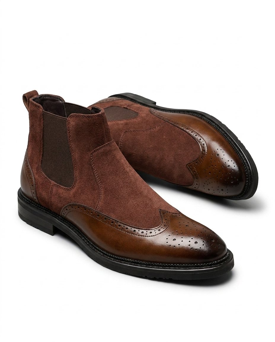 Polished Leather Chelsea Boots with Brogue Detailing