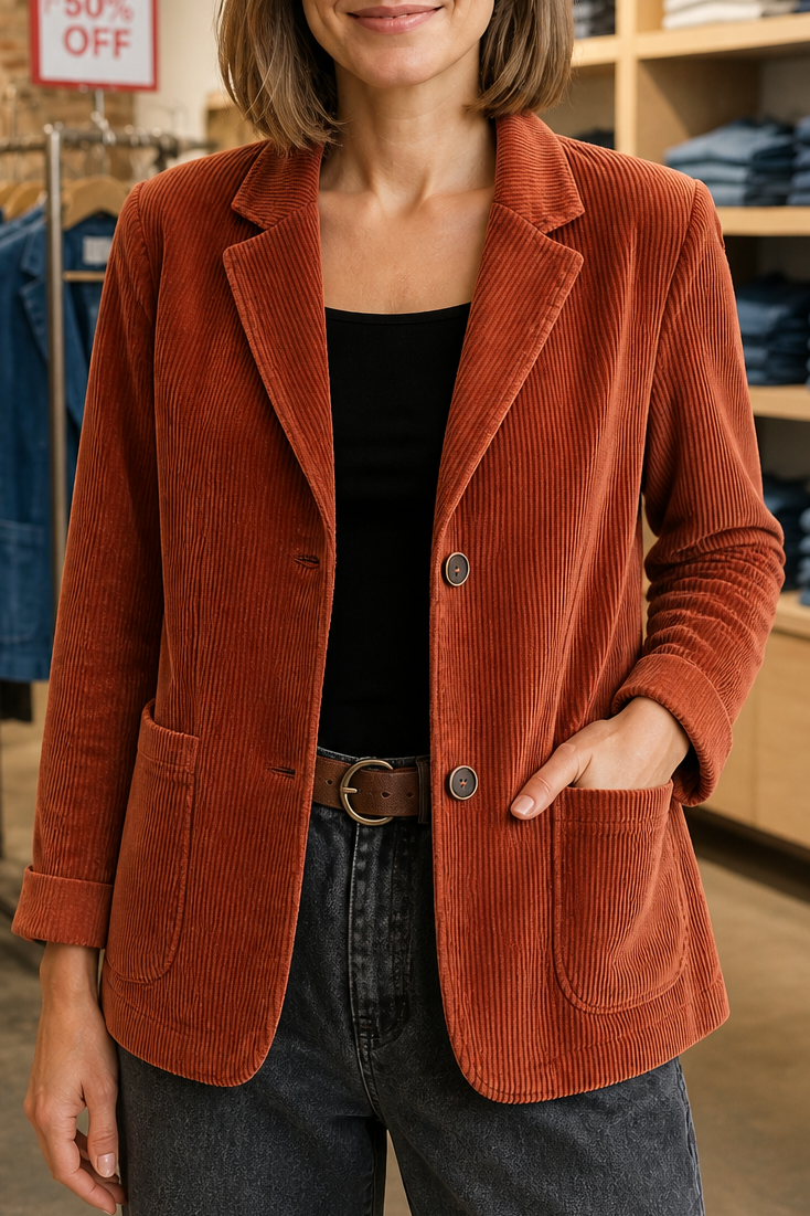 Rosalind – Fine Corduroy-Look Structured-Shoulder Jacket