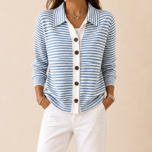 Camilla – Striped Collared Button-Front Cardigan