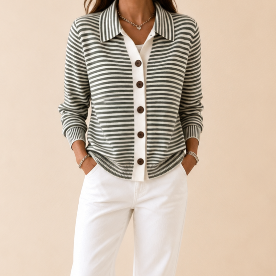Camilla – Striped Collared Button-Front Cardigan
