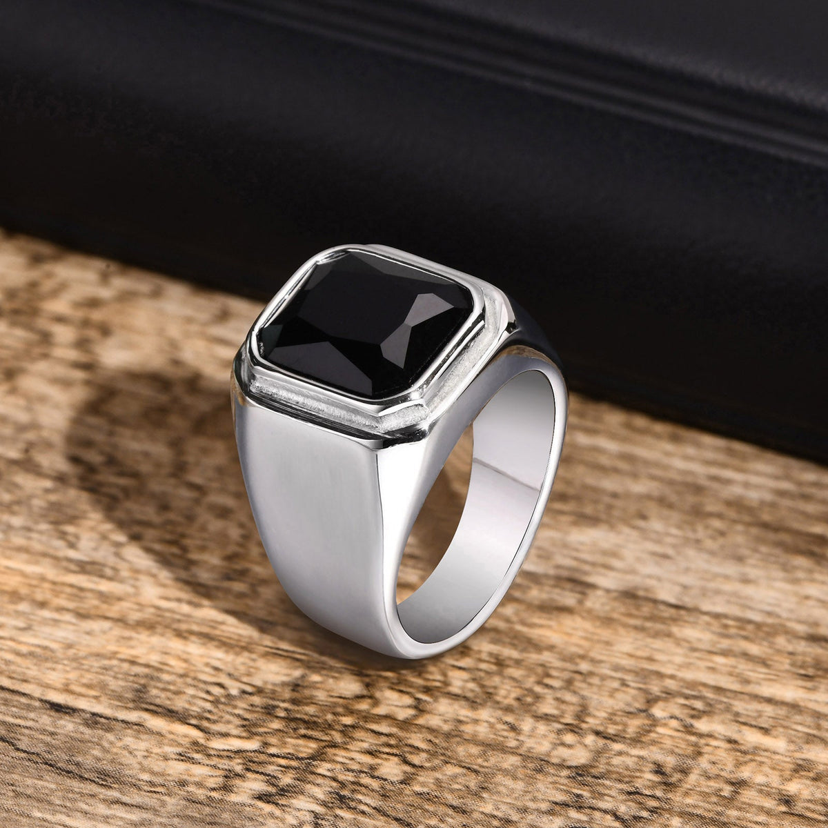 Aureus Square Ring with Black Stones