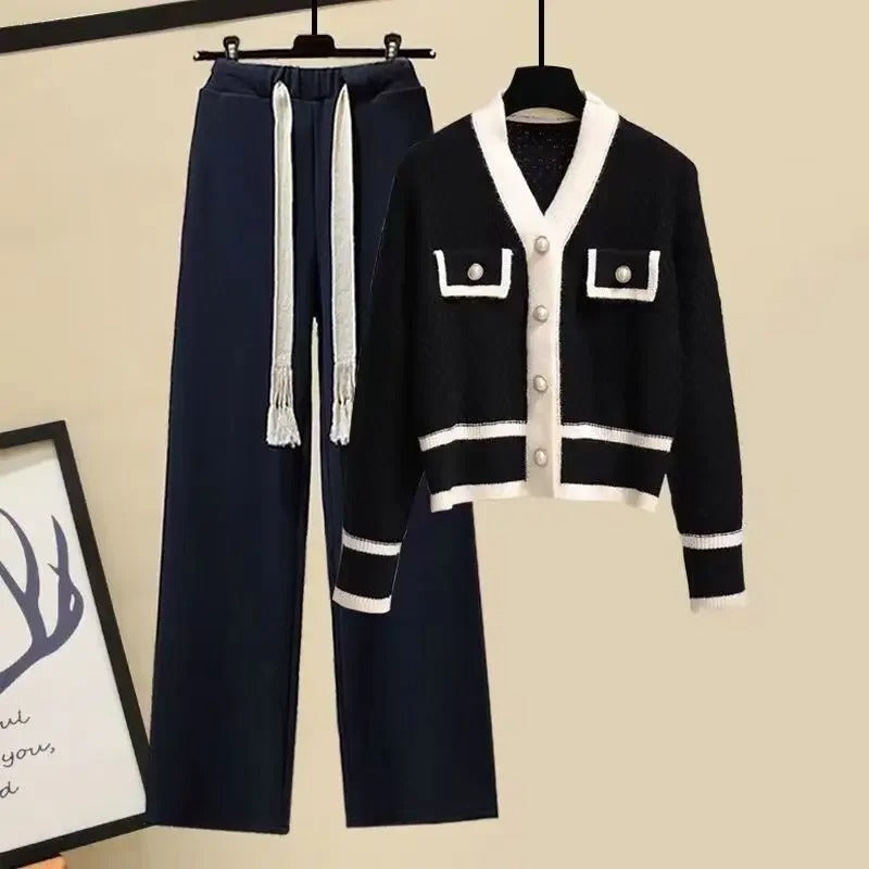 Women's Contrast-Trim Knitted Cardigan and Wide-Leg Trousers Set – Relaxed Elegant Co-Ord for Autumn and Winter