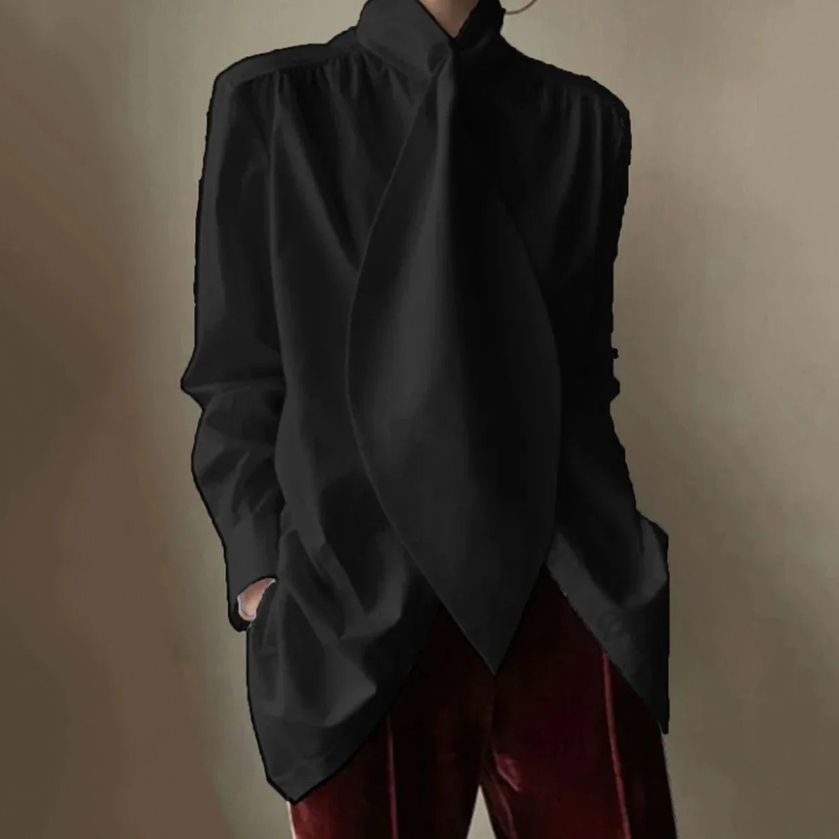 Women’s Scarf-Neck Blouse with Long Sleeves – Relaxed Draped Fit and Statement Tie for Elegant Everyday Styling
