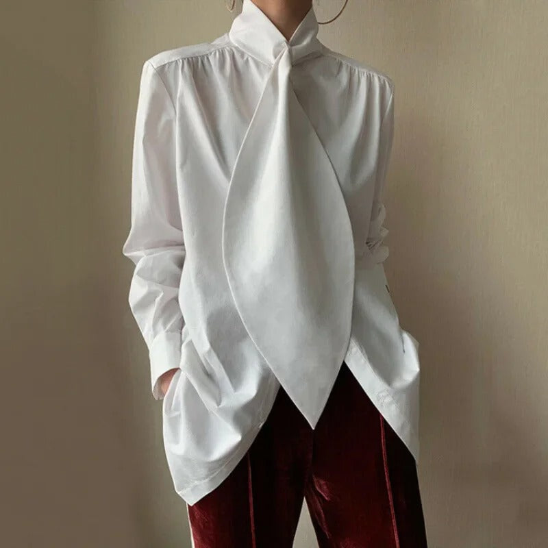 Women’s Scarf-Neck Blouse with Long Sleeves – Relaxed Draped Fit and Statement Tie for Elegant Everyday Styling