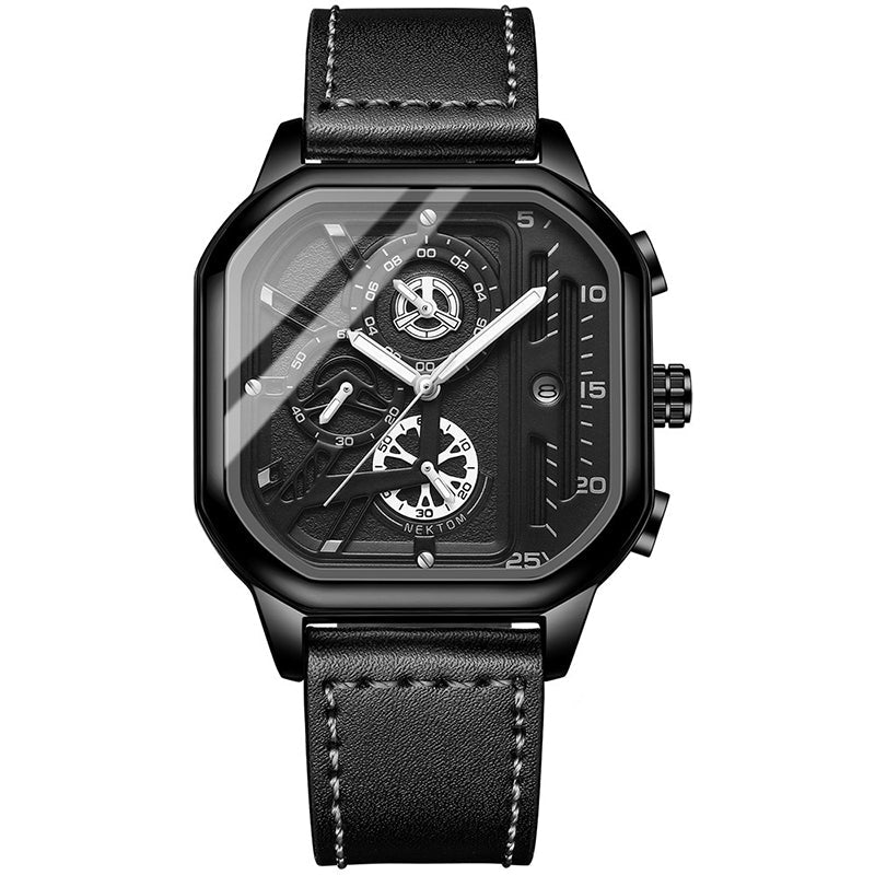 ChronoLux Square Stainless Steel Watch with Leather Strap