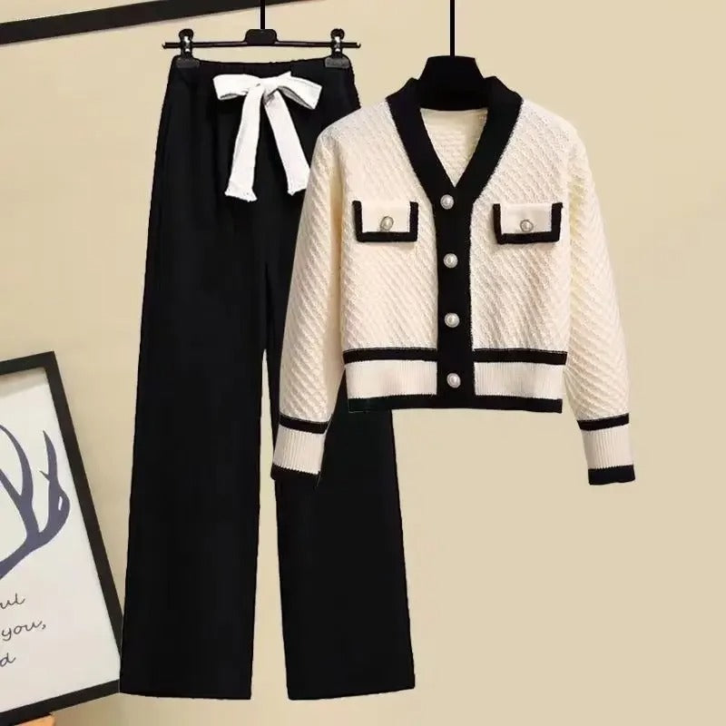Women's Contrast-Trim Knitted Cardigan and Wide-Leg Trousers Set – Relaxed Elegant Co-Ord for Autumn and Winter