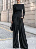 Verity - Women's Boat Neck Wide-Leg Pleated Jumpsuit