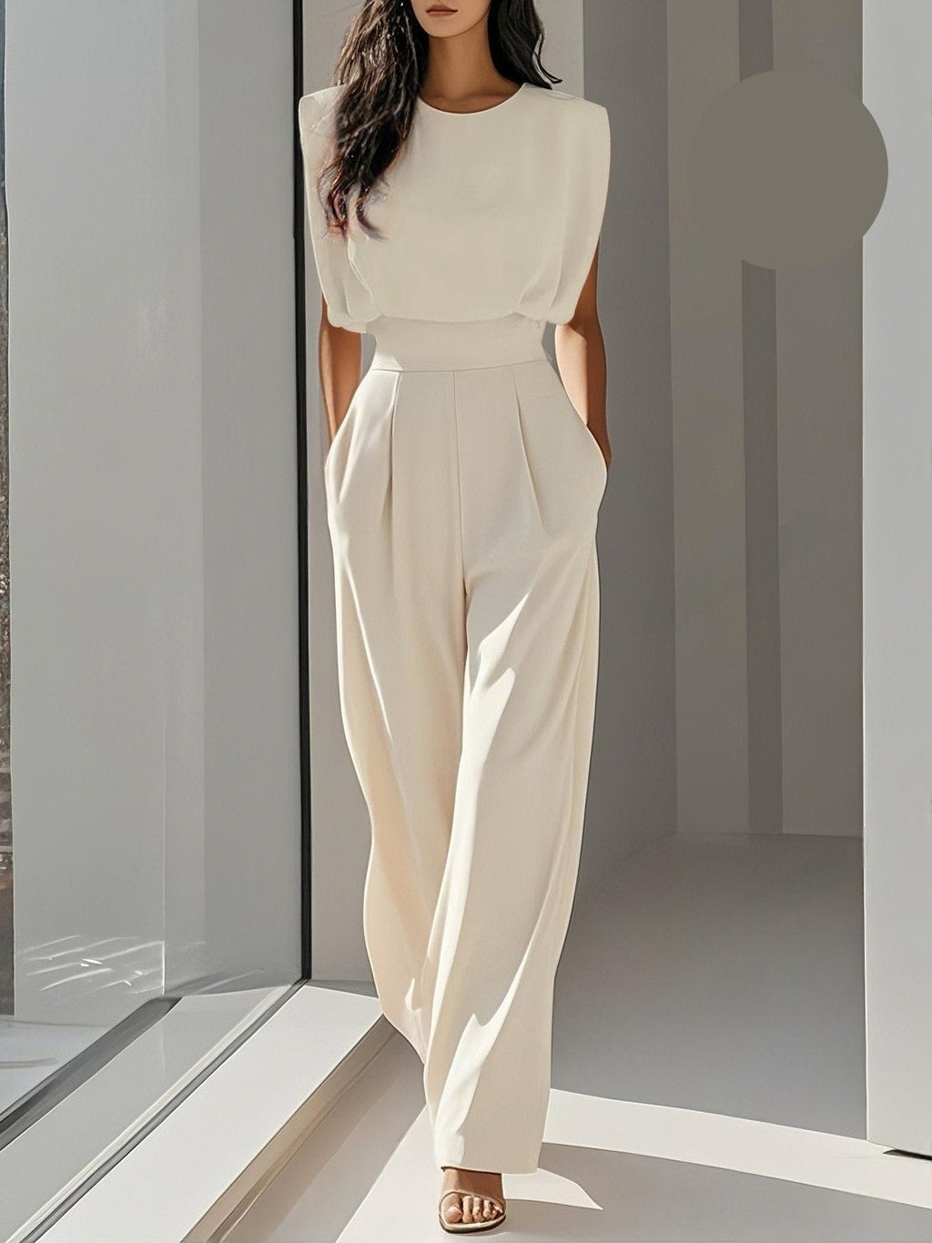 Women's Tailored Wide-Leg Jumpsuit with Structured Shoulders – Elegant High-Waist Style for Office and Evening Wear