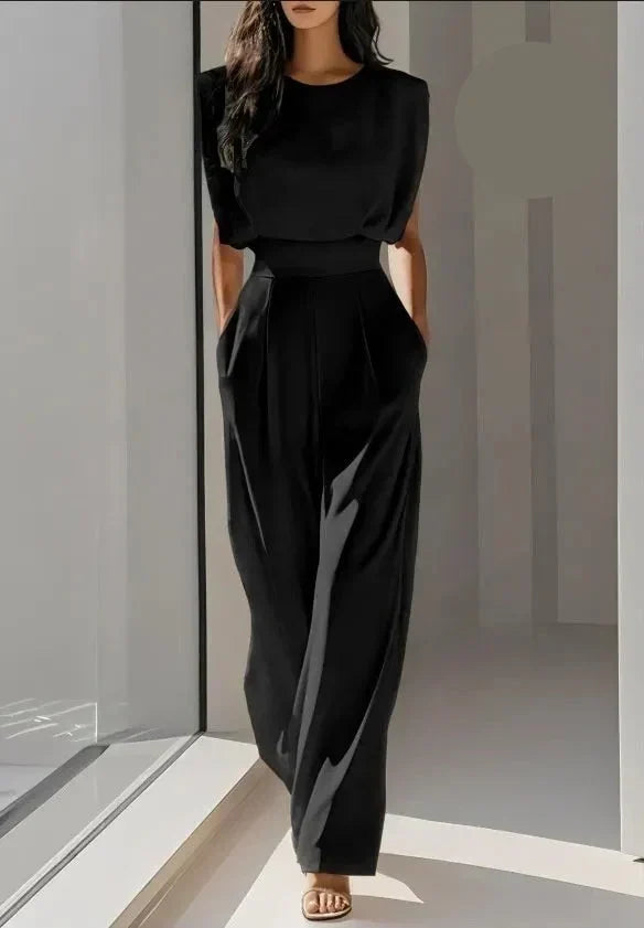 Women's Tailored Wide-Leg Jumpsuit with Structured Shoulders – Elegant High-Waist Style for Office and Evening Wear