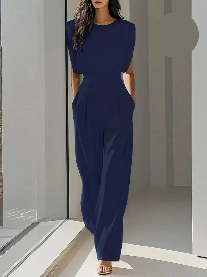 Women's Tailored Wide-Leg Jumpsuit with Structured Shoulders – Elegant High-Waist Style for Office and Evening Wear