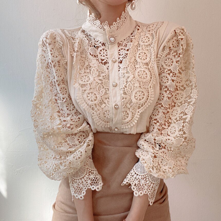 Women's Elegant Lace Blouse – High Neck Pearl Button Top with Sheer Long Sleeves for Evening and Smart Casual Wear