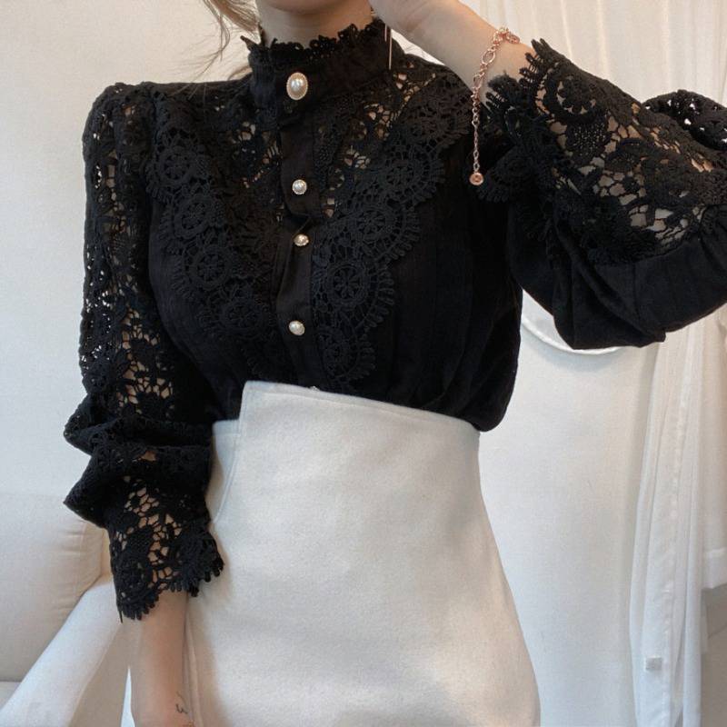 Women's Elegant Lace Blouse – High Neck Pearl Button Top with Sheer Long Sleeves for Evening and Smart Casual Wear