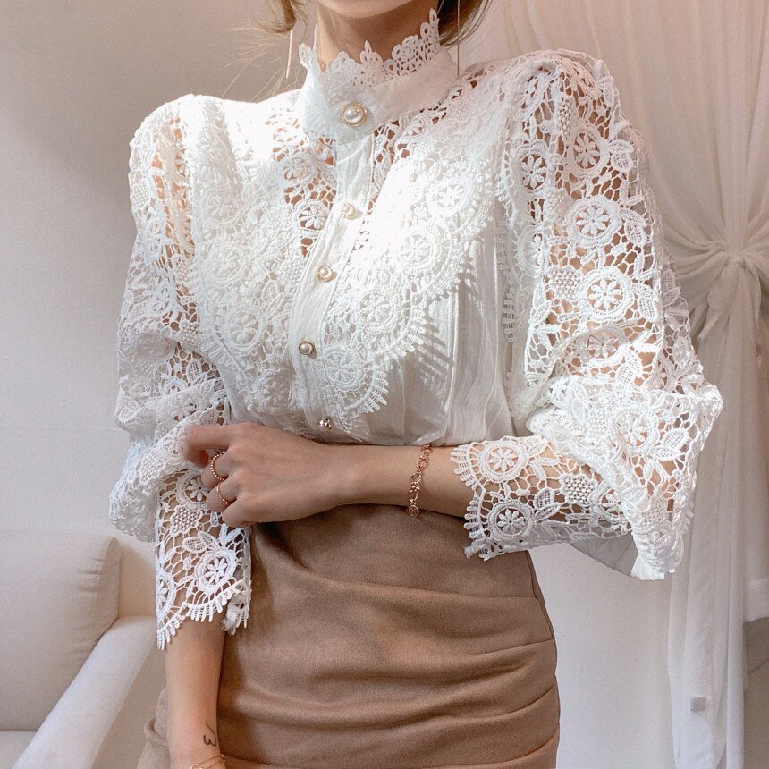 Women's Elegant Lace Blouse – High Neck Pearl Button Top with Sheer Long Sleeves for Evening and Smart Casual Wear