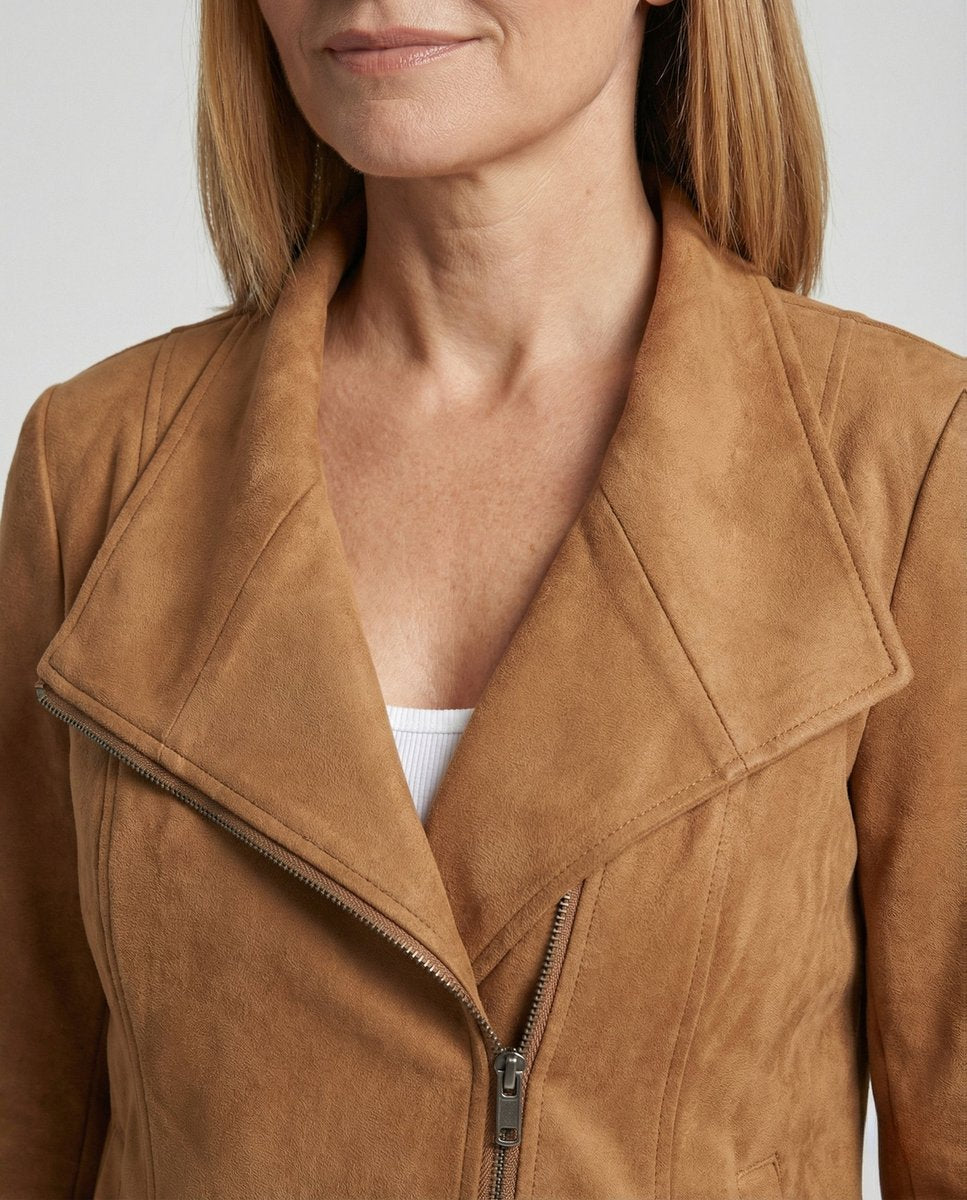 Isabella - Women's Asymmetric-Zip Tailored Faux Suede Biker Leather Jacket