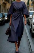 Victoria - Women's Belted Kimono-Sleeve Midi Elegant Dress