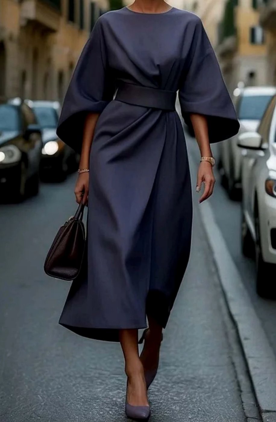 Victoria - Women's Belted Kimono-Sleeve Midi Elegant Dress