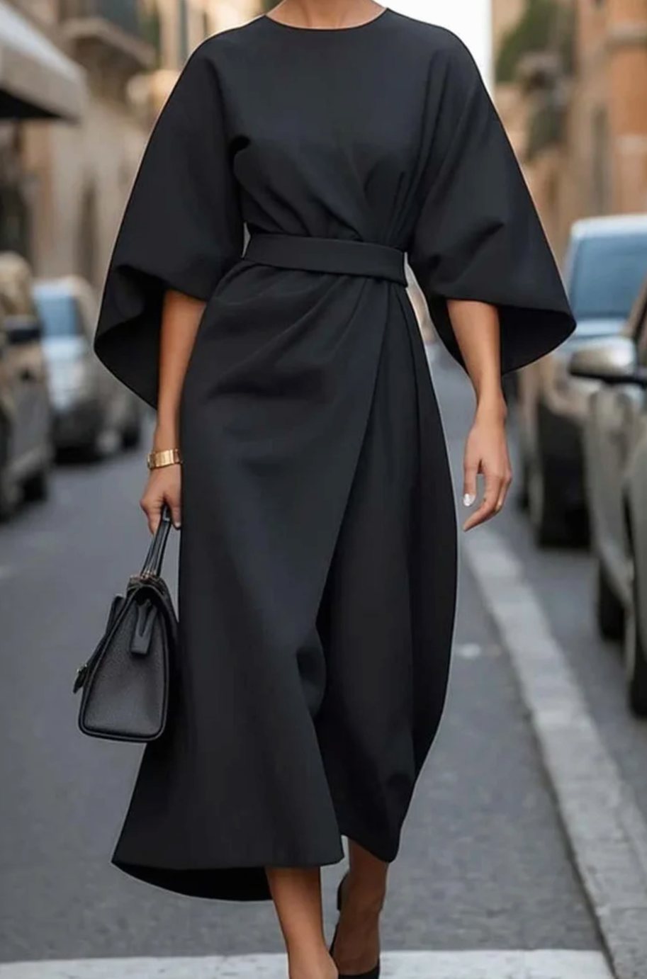 Victoria - Women's Belted Kimono-Sleeve Midi Elegant Dress