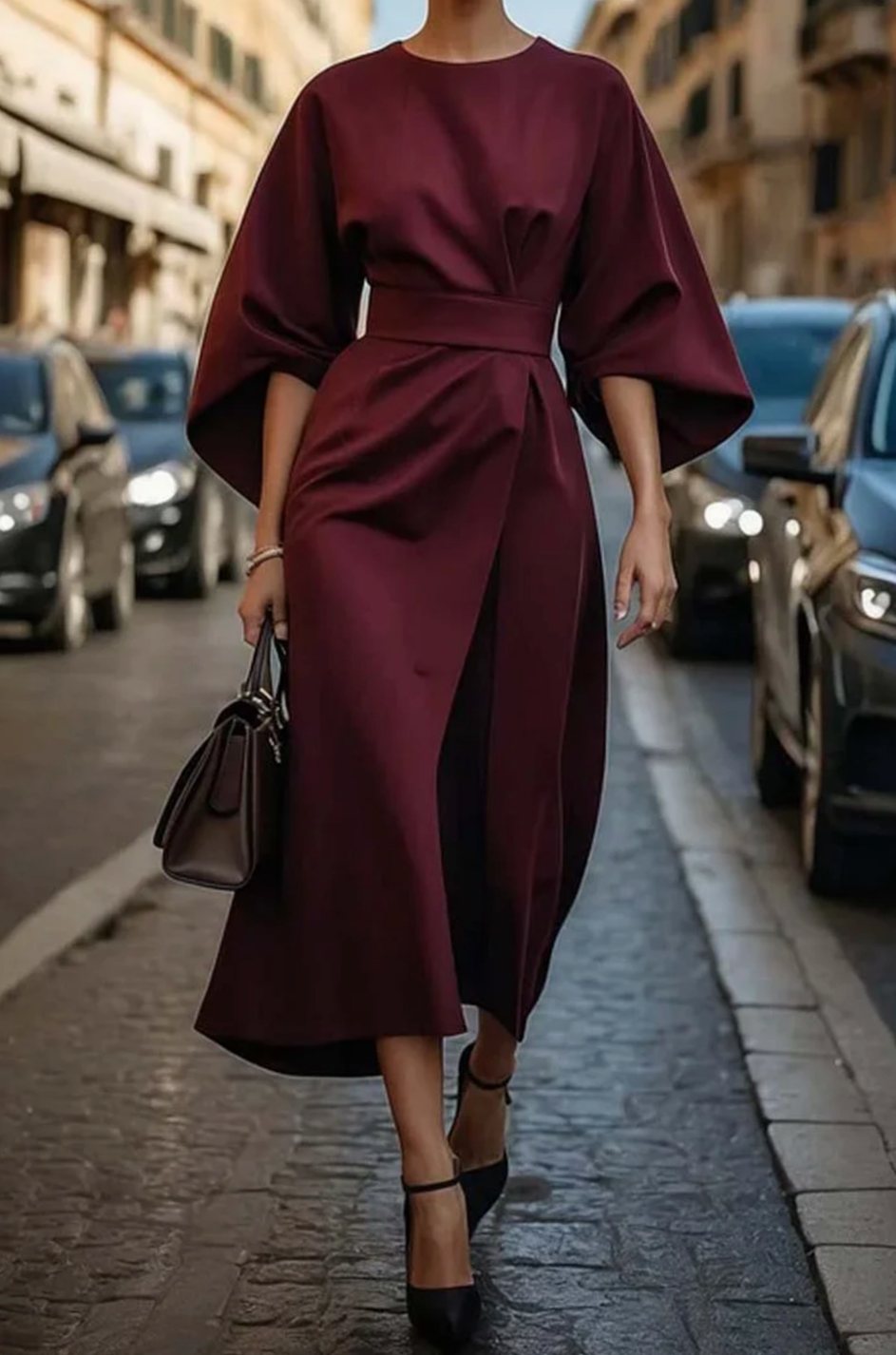 Victoria - Women's Belted Kimono-Sleeve Midi Elegant Dress