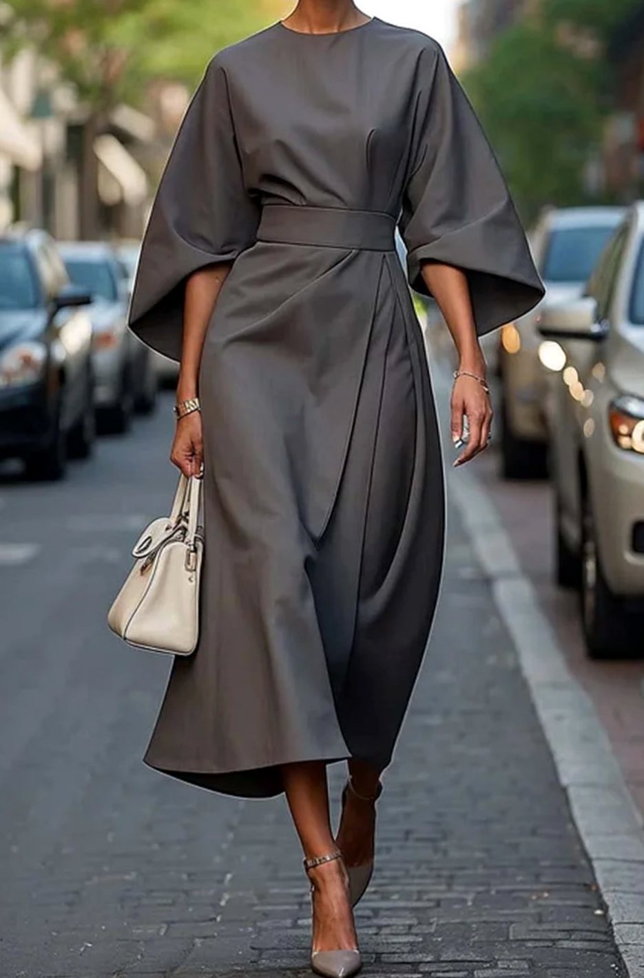 Victoria - Women's Belted Kimono-Sleeve Midi Elegant Dress