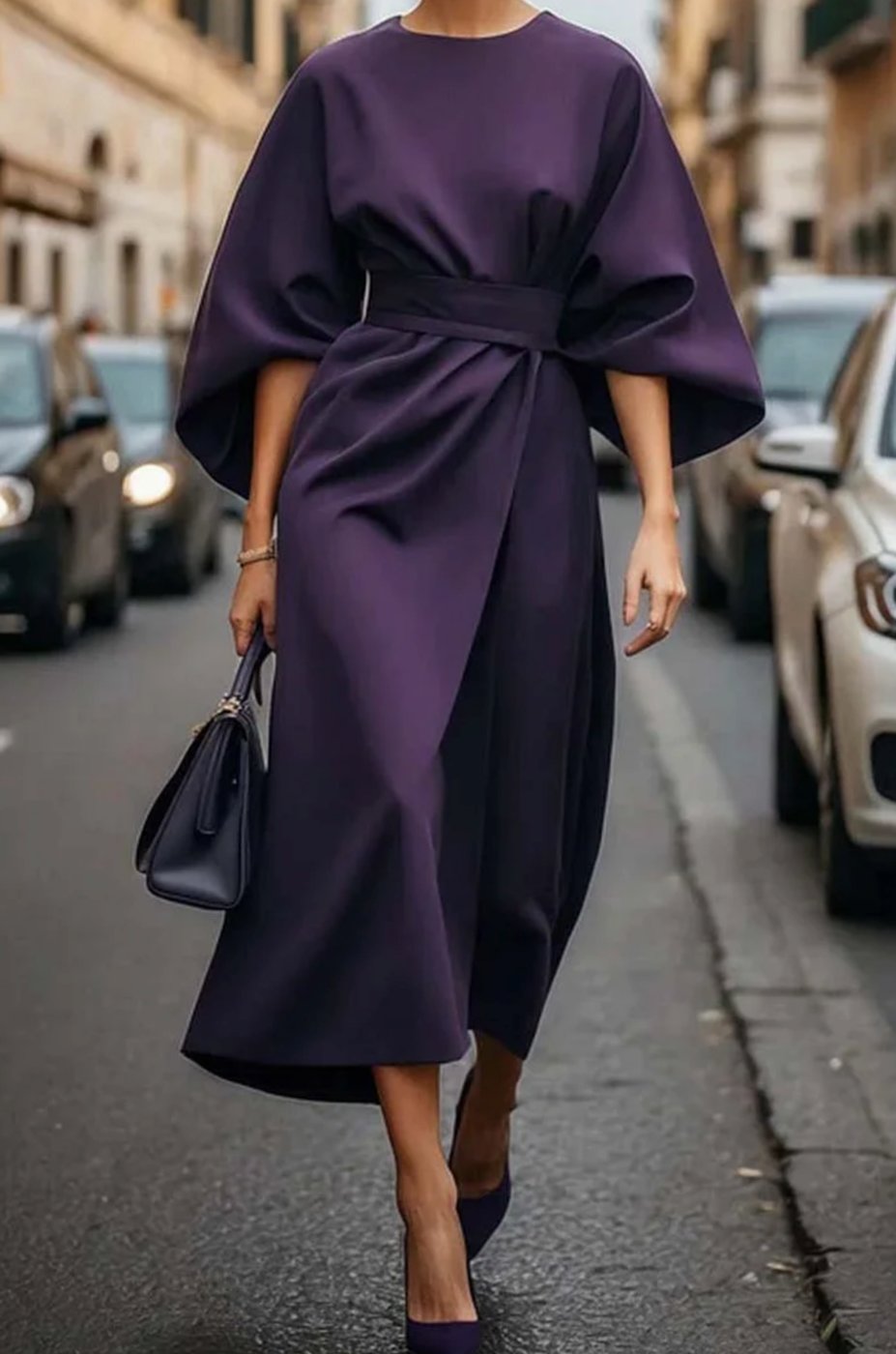 Victoria - Women's Belted Kimono-Sleeve Midi Elegant Dress