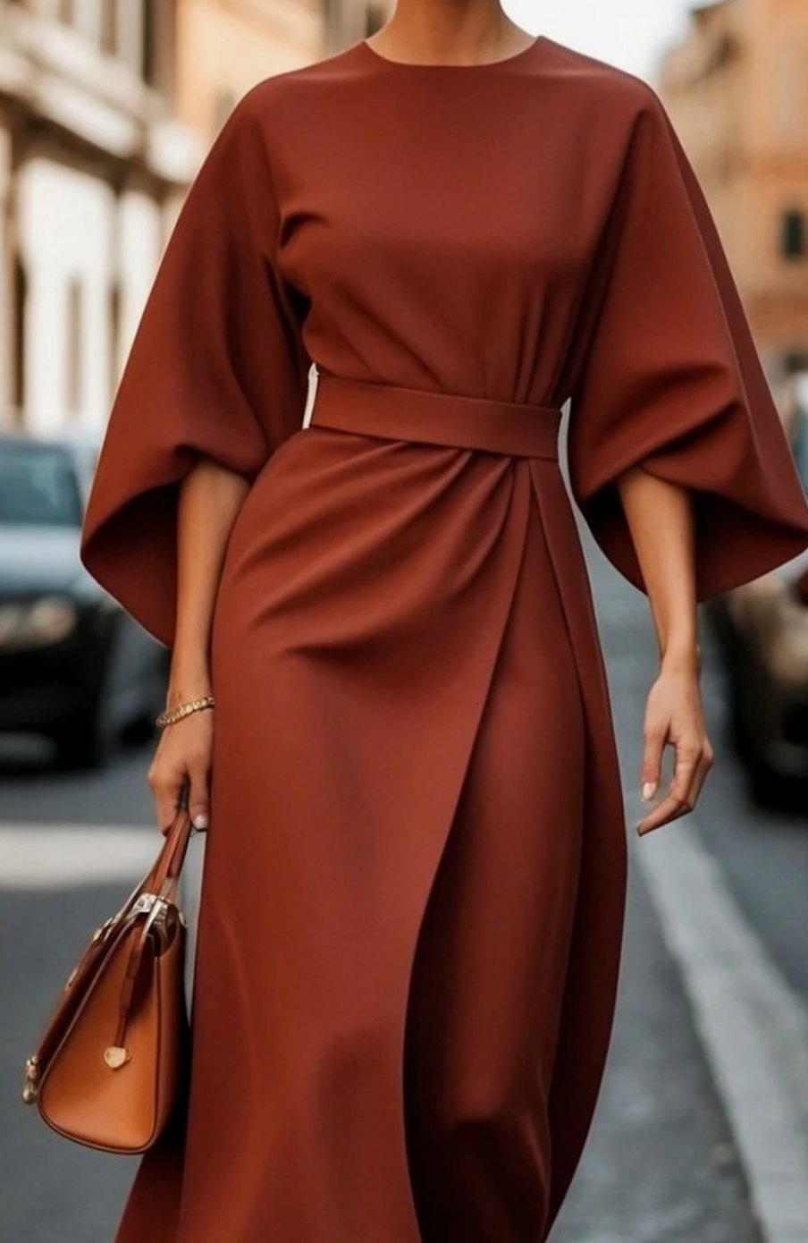 Victoria - Women's Belted Kimono-Sleeve Midi Elegant Dress