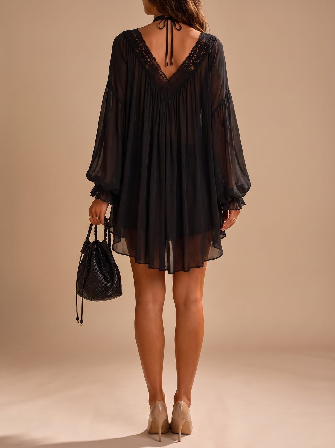 Charlotte - Women's Boho Lace-Trim Deep V-Neck Chiffon Mini Dress