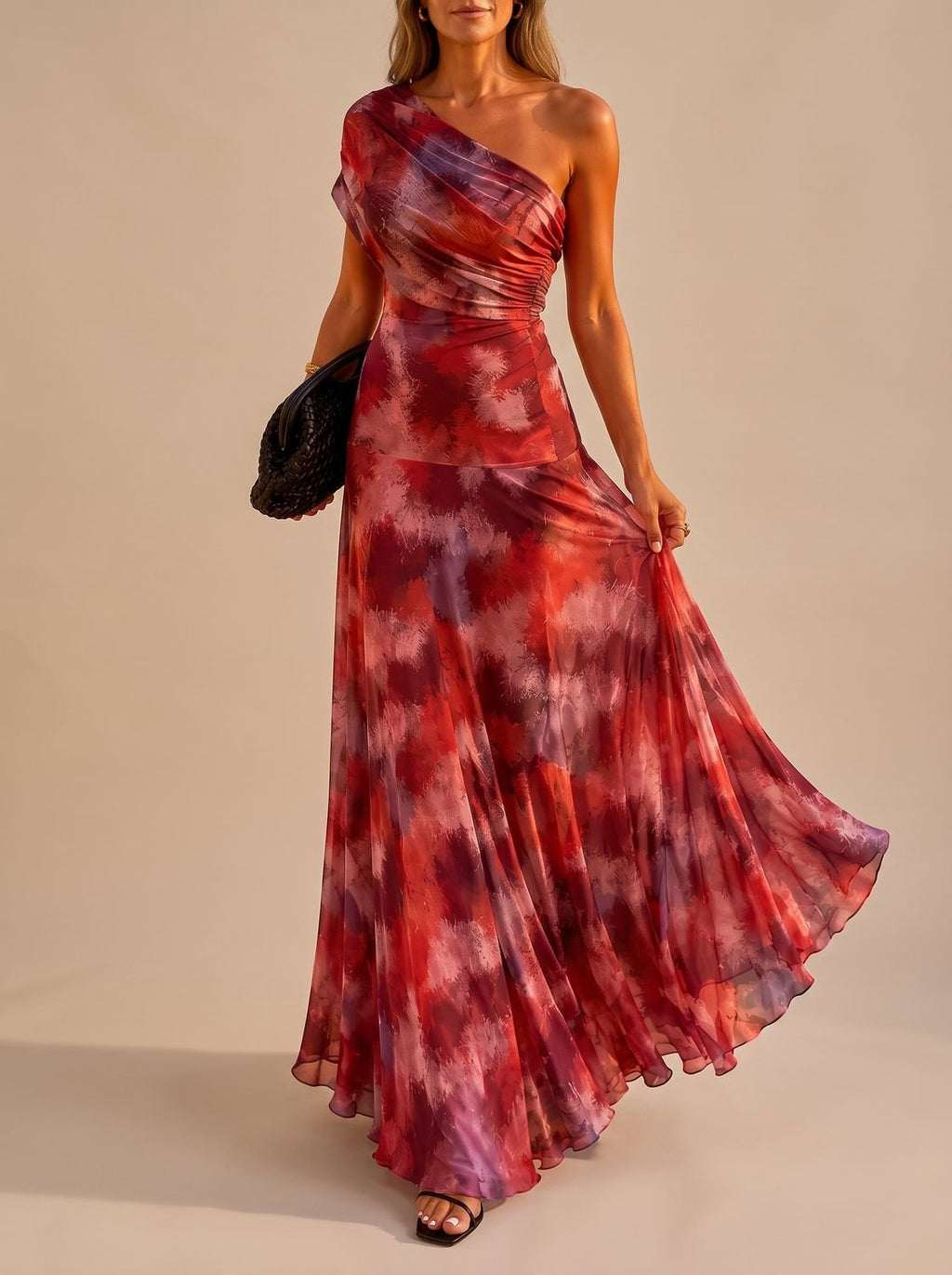 Amelia - Women's Boho One-Shoulder Ruched Flowy Maxi Dress