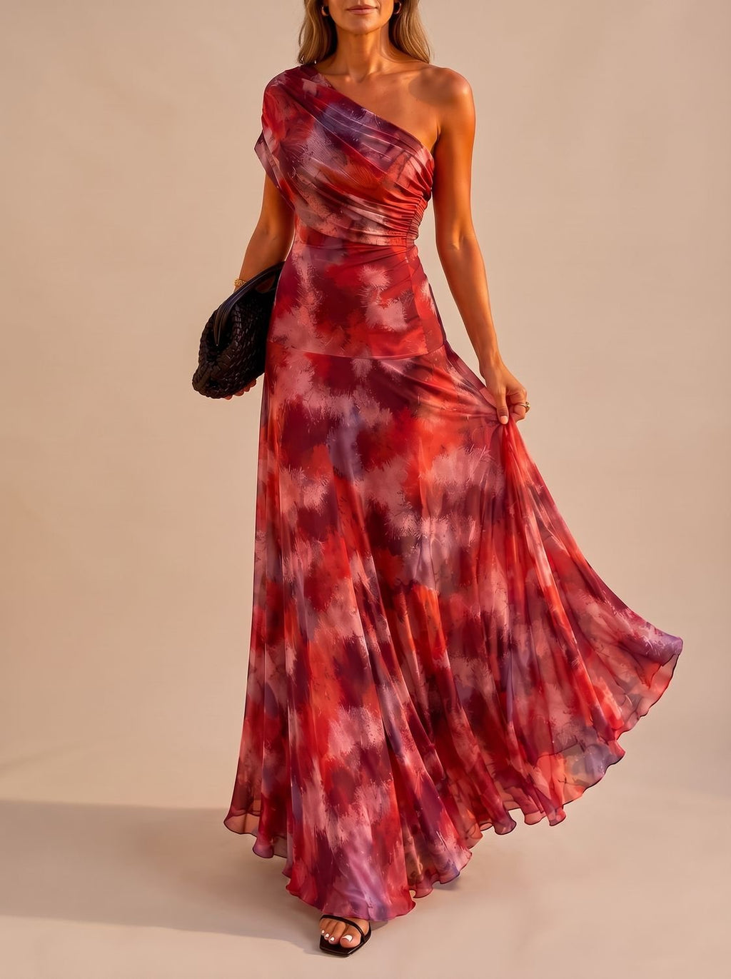 Amelia - Women's Boho One-Shoulder Ruched Flowy Maxi Dress
