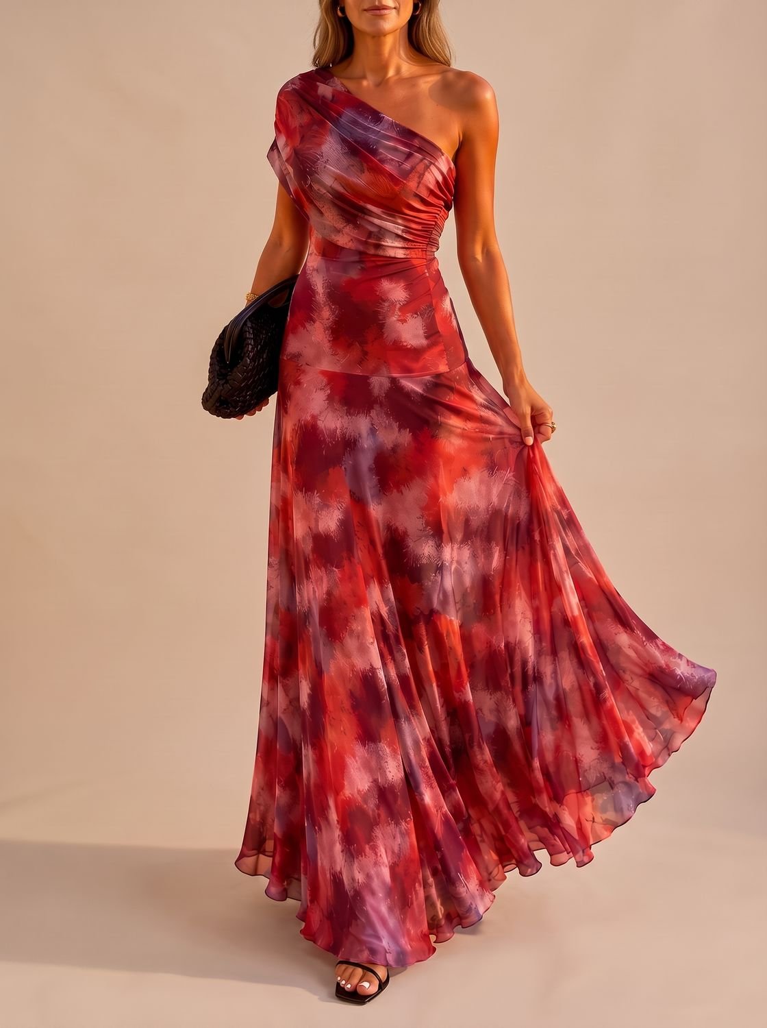 Amelia - Women's Boho One-Shoulder Ruched Flowy Maxi Dress