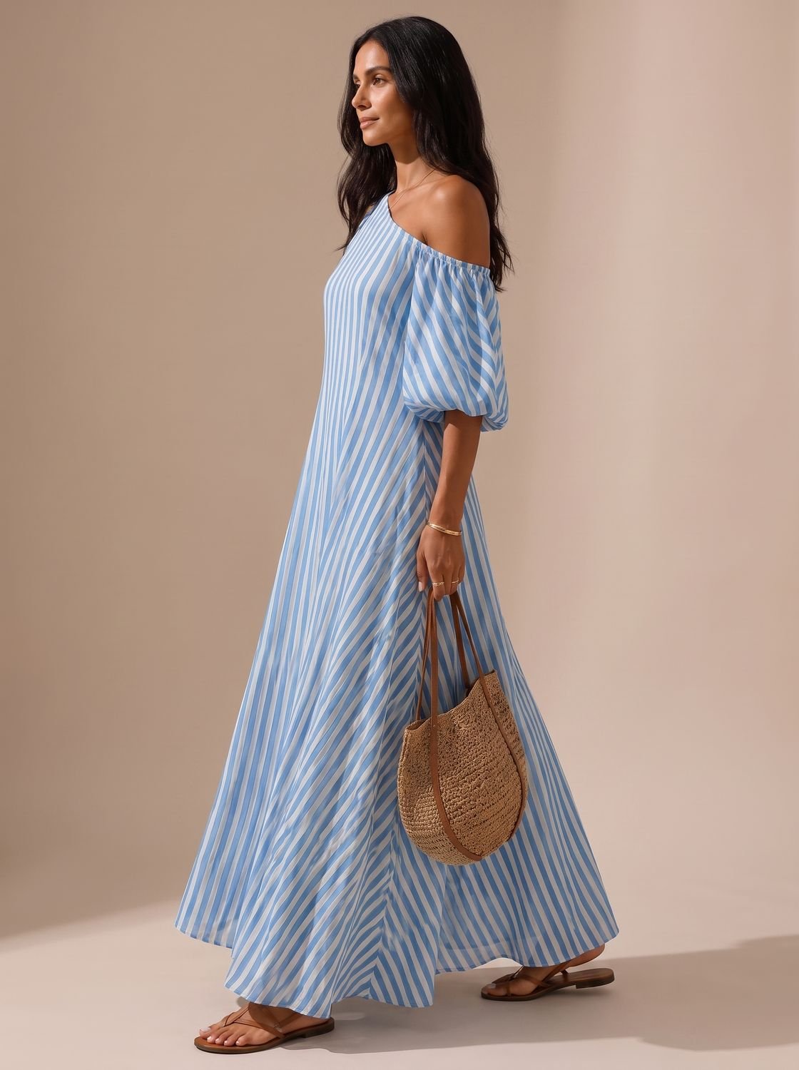 Charlotte - Women's Boho One-Shoulder Striped Flowy Maxi Dress