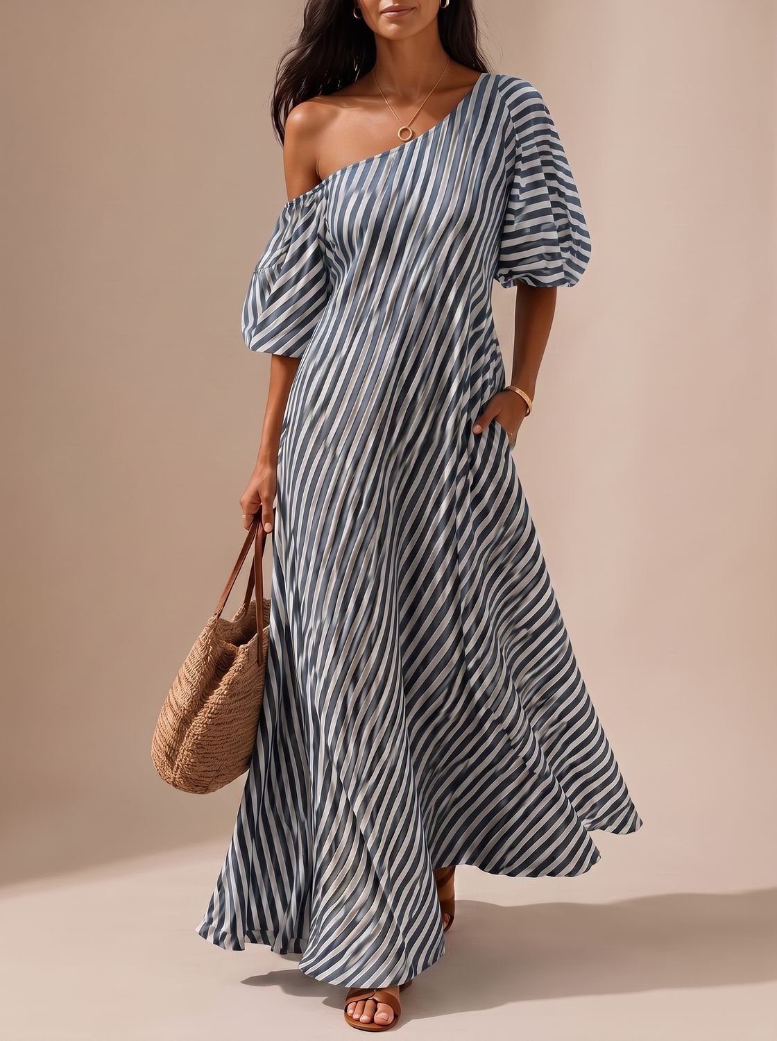 Charlotte - Women's Boho One-Shoulder Striped Flowy Maxi Dress
