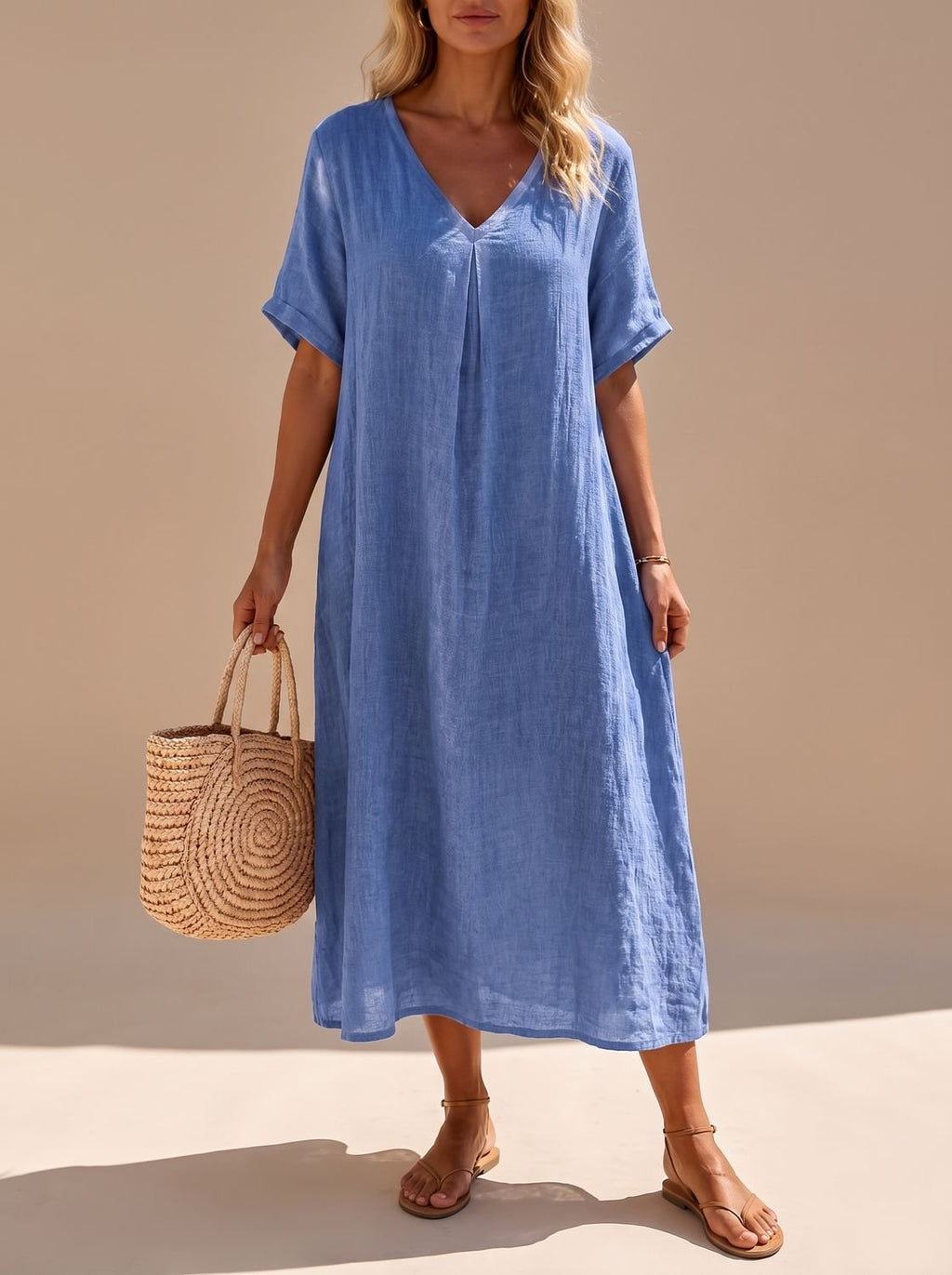 Harper - Women's Boho V-Neck Short-Sleeve Flowy Linen Maxi Dress