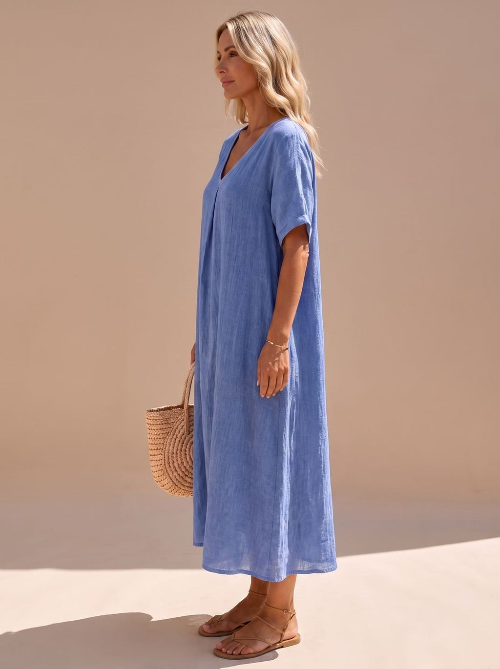Harper - Women's Boho V-Neck Short-Sleeve Flowy Linen Maxi Dress