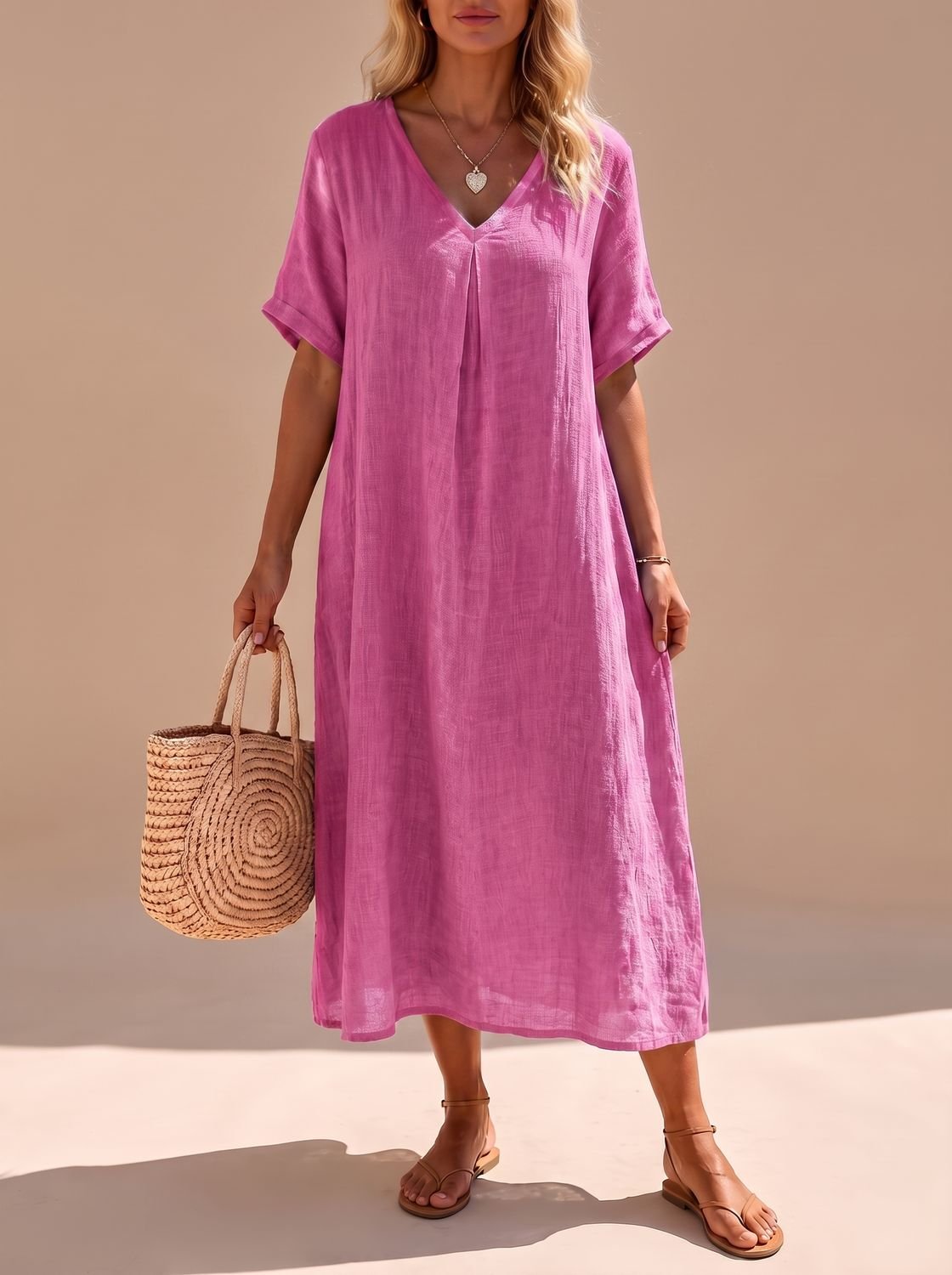 Harper - Women's Boho V-Neck Short-Sleeve Flowy Linen Maxi Dress