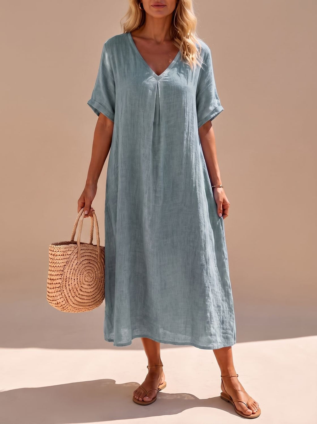 Harper - Women's Boho V-Neck Short-Sleeve Flowy Linen Maxi Dress