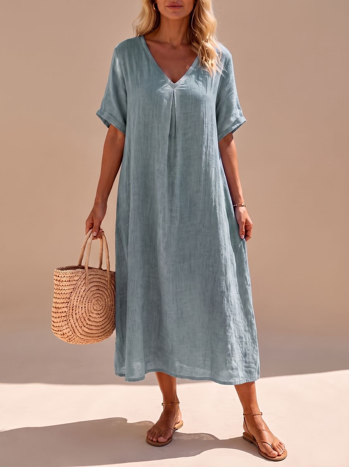 Harper - Women's Boho V-Neck Short-Sleeve Flowy Linen Maxi Dress