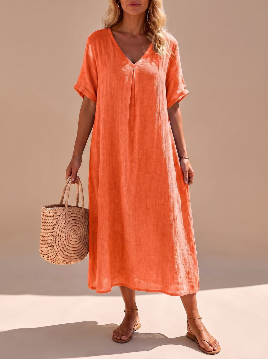 Harper - Women's Boho V-Neck Short-Sleeve Flowy Linen Maxi Dress
