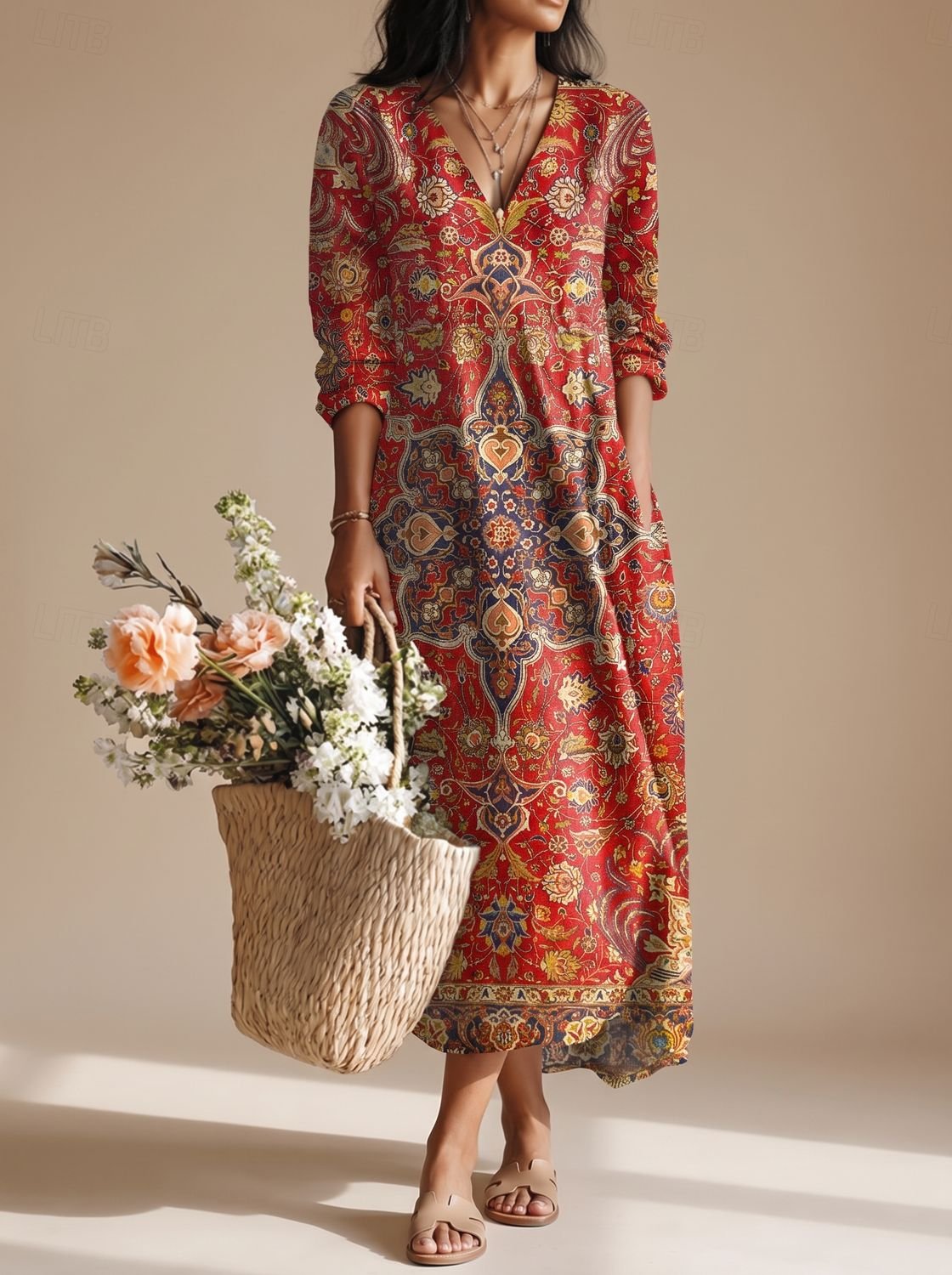 Camila - Women's Boho Vintage Paisley Long Sleeve Maxi Dress