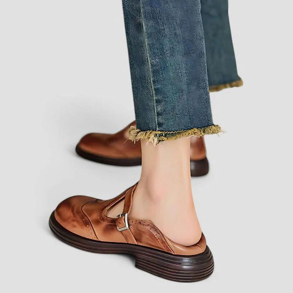 Mia - Women's Brogue Leather T-Strap Classic Boots