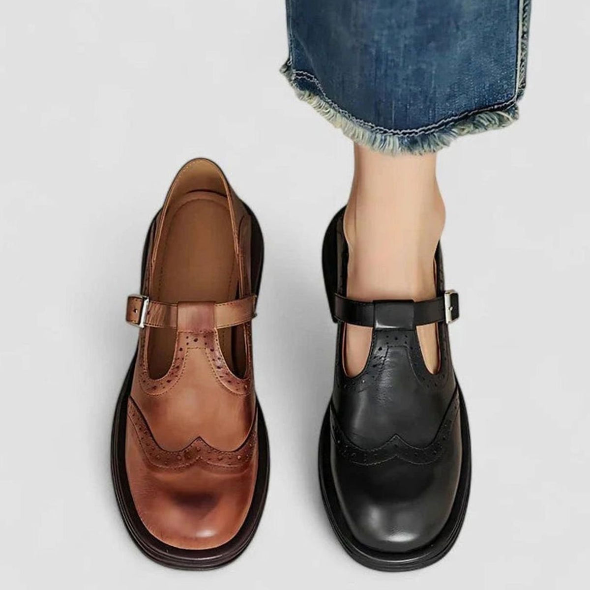Mia - Women's Brogue Leather T-Strap Classic Boots