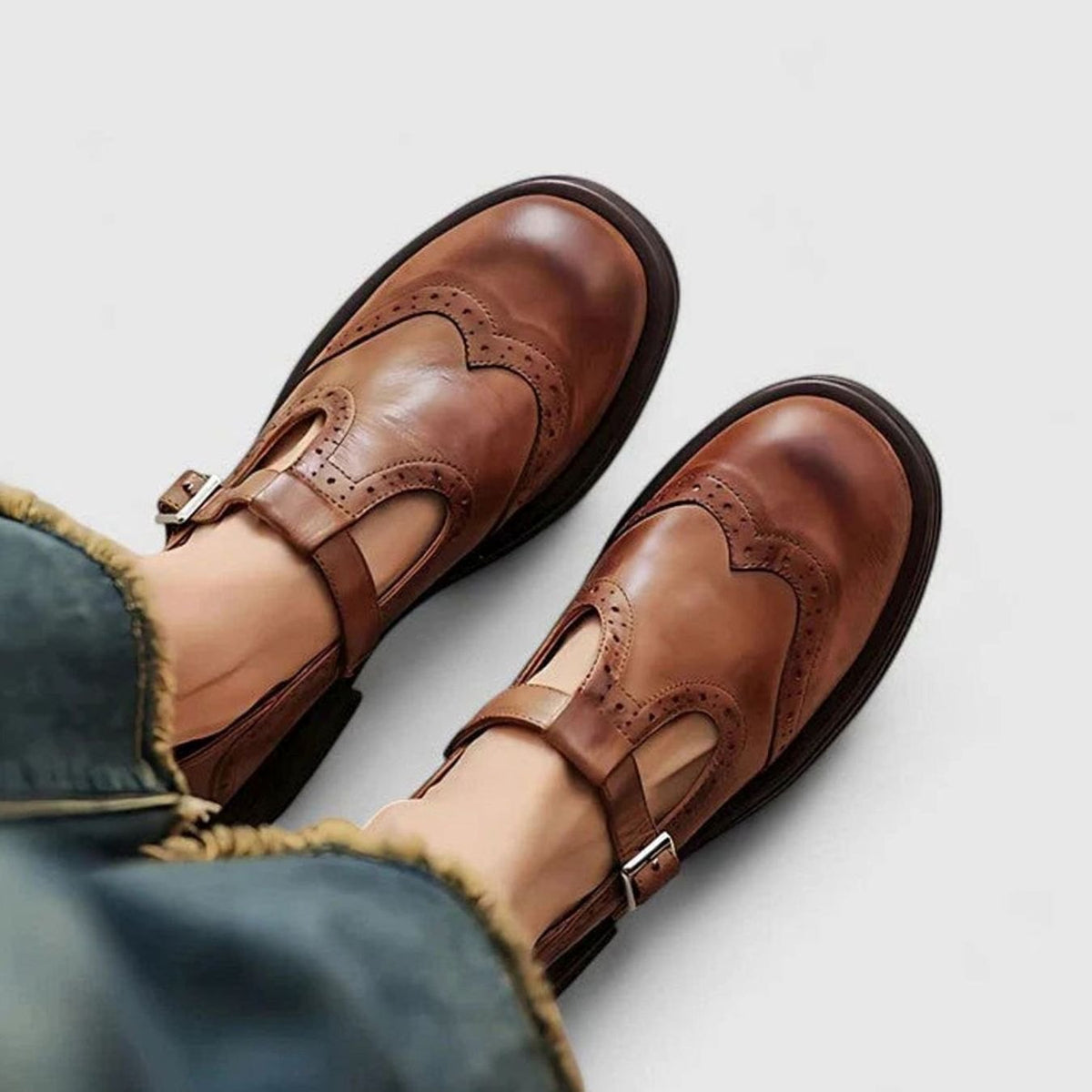 Mia - Women's Brogue Leather T-Strap Classic Boots