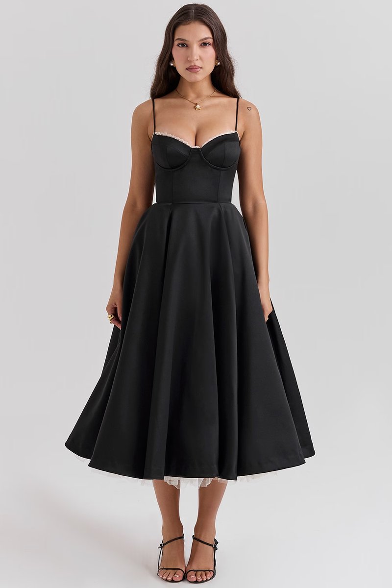 Harper - Women's Bustier Midi Satin Flared Cocktail Party Dress
