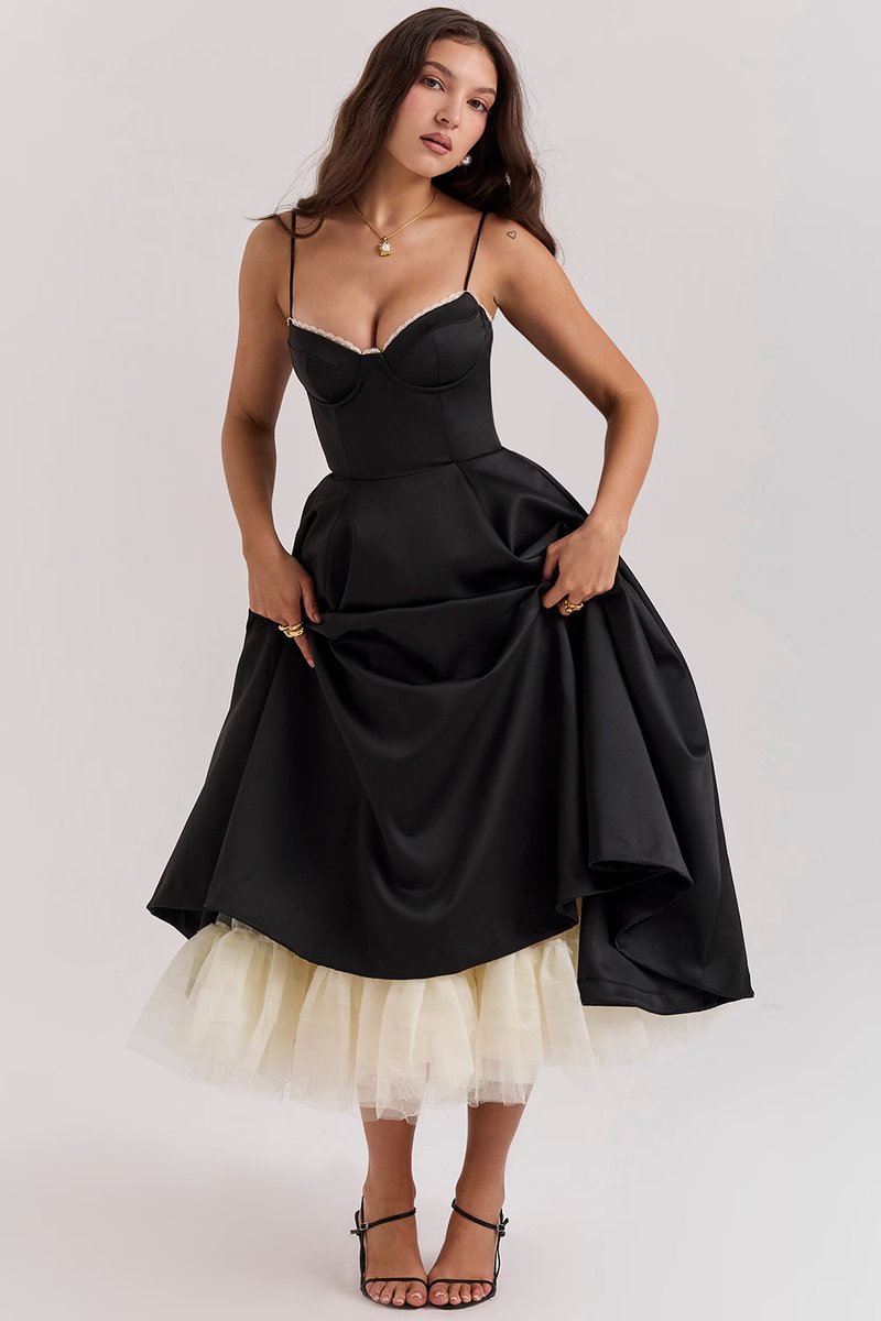 Harper - Women's Bustier Midi Satin Flared Cocktail Party Dress