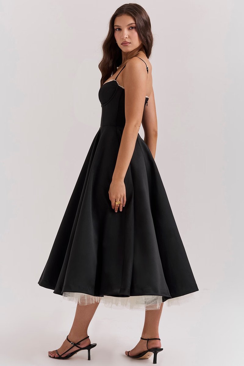 Harper - Women's Bustier Midi Satin Flared Cocktail Party Dress