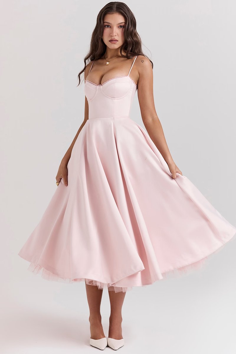 Harper - Women's Bustier Midi Satin Flared Cocktail Party Dress